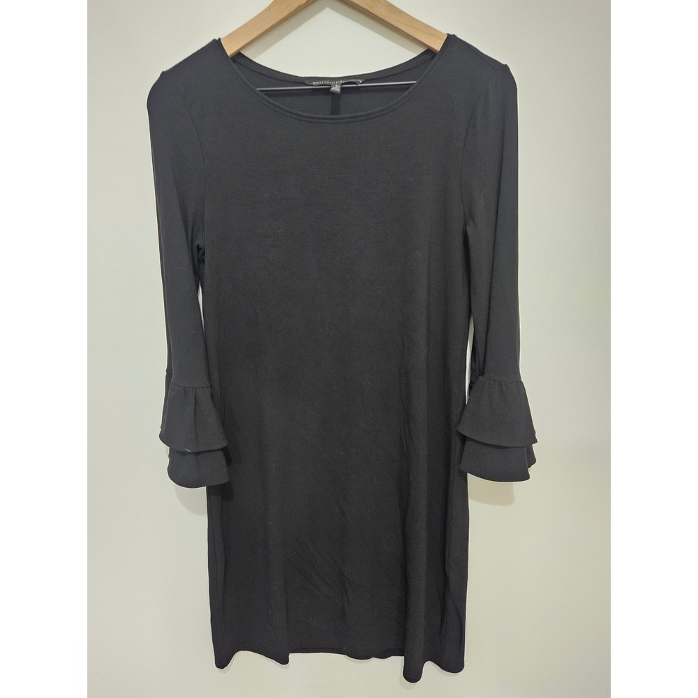 White House Black Market Black Ruffle Sleeve Shift Dress Womens Small Rayon Blen